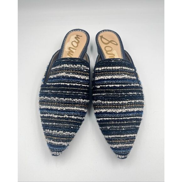 Sam Edelman Ansley Tweed Mules Navy Blue Stripe SlipOn Pointed Toe Shoe Size 9.5 - Picture 1 of 8